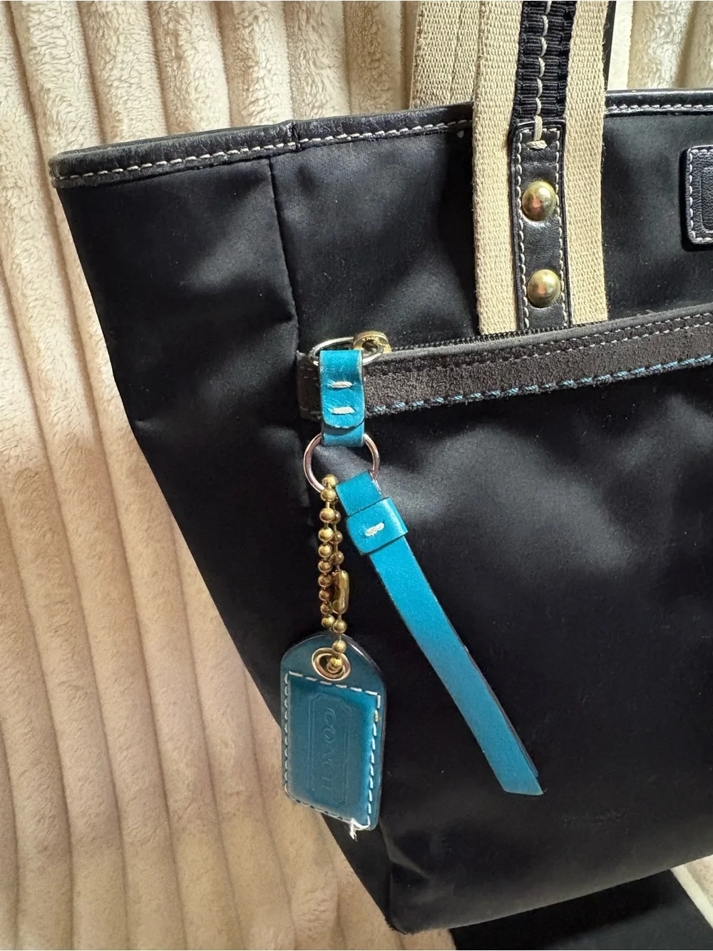 Coach Hamptons Weekend Black Nylon Tote Blue Trim F11670 Travel Work Bag